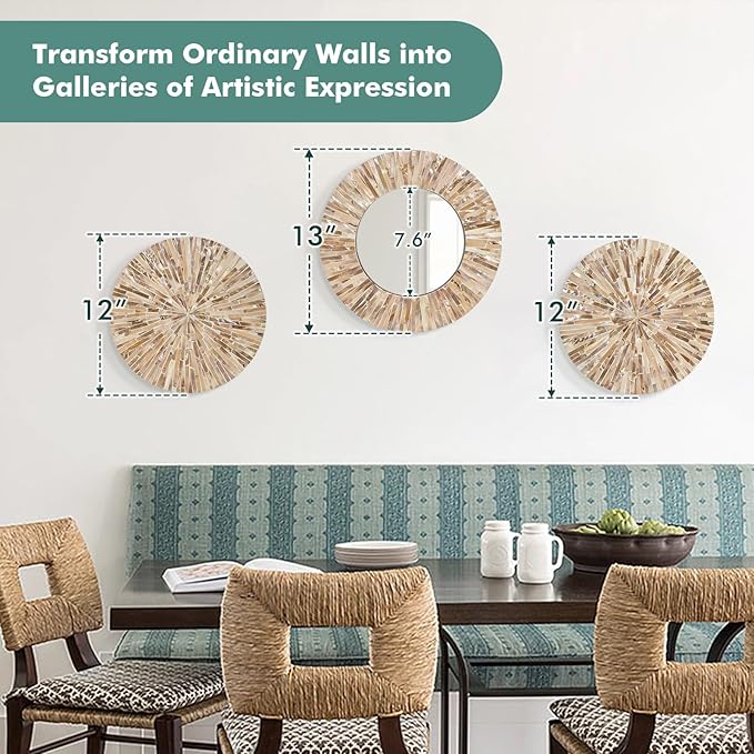 TEIPAI Boho Decorative Mirror for Living Room, 3PCS Handcrafted Mother of Pearl Mirror Wall Decor for Home Dorm Apartment Hallway Staircase, Mosaic Art Plates for Wedding Decoration (Dark Brown)-Ruum Studio Home