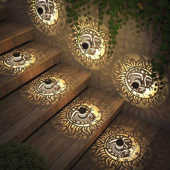 4 Pack Solar Fence Lights Metal Solar Powered Outdoor Wall Deck Step Lights Sun Moon Theme Waterproof Fence Light for Garden Post Patio Backyard Yard Decor, Gardening Gifts for Women Mom Grandma-Ruum Studio Home