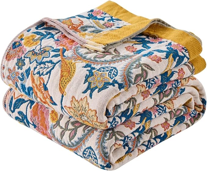 Boho Throw Blanket for Couch,100% Cotton Summer Blanket for Bed, Ultra Soft Rustic Quilt for Bed, Home Decor, Boho Picnic Blankets with Bird and Flowers for All Seasons,Twin 60"x80"-Ruum Studio Home