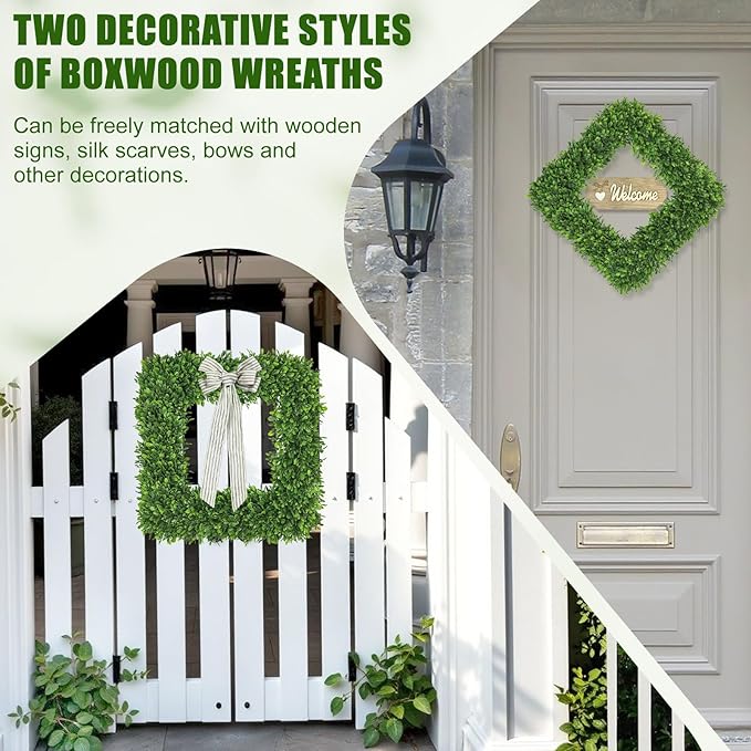 Artgar 20Inch Boxwood Wreath, Spring Wreaths for Front Door, Realistic Green Square Boxwood Wreath for Year-Round Decor, Artificial Summer Wreaths for Wedding Farmhouse Indoor/Outdoor Porch Decor-Ruum Studio Home
