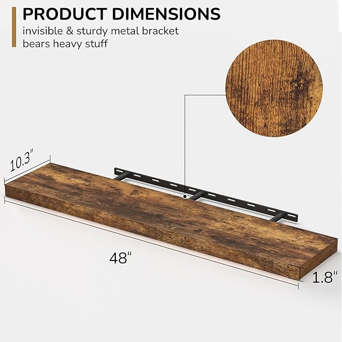 Floating Shelves - 10.23 Inch Deep Wall Shelf for Decor & Storage - Wall Mounted Display Shelving with Invisible Heavy-Duty Metal Bracket - 48" W x 10.23" D x 1.8" H - Set of 1 - Rustic Brown-Ruum Studio Home
