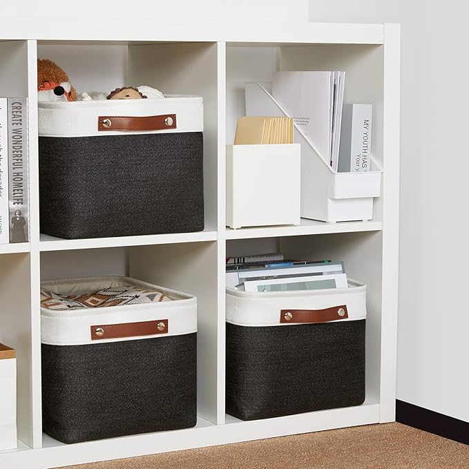 DULLEMELO Canvas Storage Bin with Handles, Fabric Bins for Shelves, Bedroom, Office,Nursery,Fabric Storage Baskets for Toys, Clothes,Gift(3-Pack Medium-15 inch X 11 inch X 9.5 inch , White&Black)-Ruum Studio Home