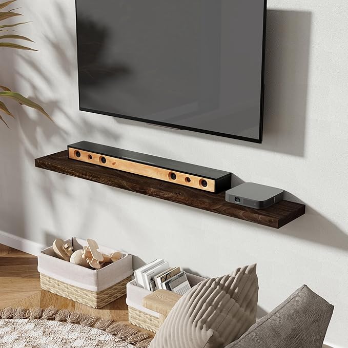 55" Floating Shelves for Wall, Rustic Elm Wood Floating Shelf for Home Decor, Wall-Mounted Display Shelves with Heavy-Duty Bracket, Long Floating Shelf for Bathroom, Kitchen, Living Room, Walnut Color-Ruum Studio Home