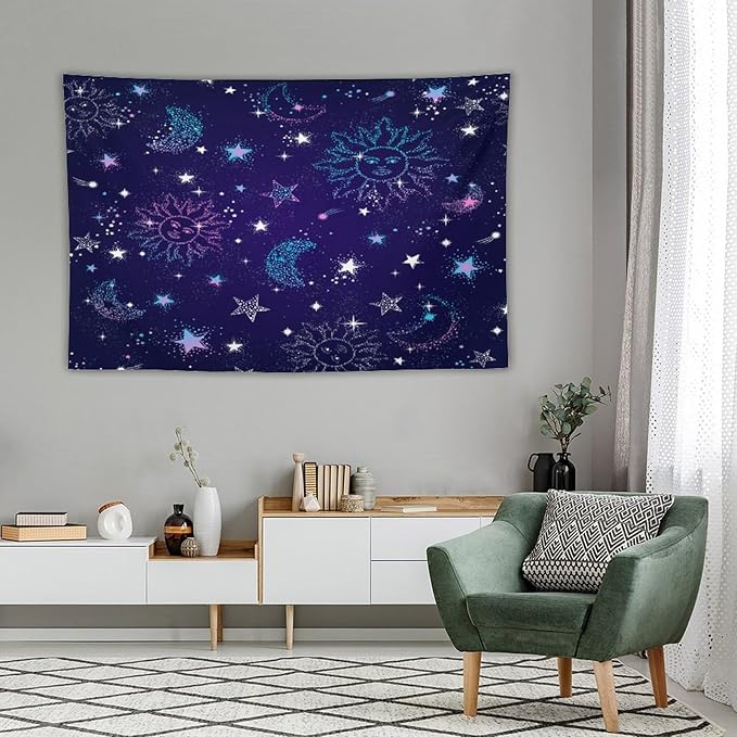 HZOHNAGO Boho Sun Moon Tapestry Purple Blue Sun Stars Galaxy Pattern Printed Wall Tapestry Wall Hanging for Bedroom Living Room Dorm 90" W x 60" H-Ruum Studio Home