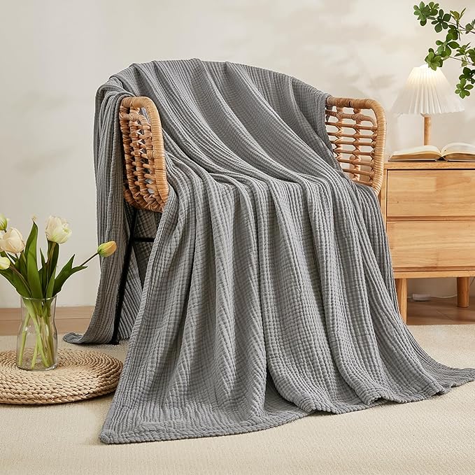 EMME Cotton Blanket Twin XL for Bed Soft Muslin Blankets 66"x90" Lightweight Breathable Layering Bedspread Coverlet All Season Gauze, Grey-Ruum Studio Home