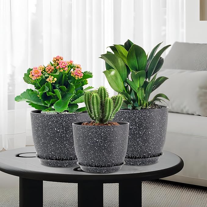 Large Flower Pots 12/10/9 inch, Set of 3 Modern Decorative Plastic Planters with Drainage Holes and Saucers for Garden House Plants, Plant Pots for Indoor Outdoor Plants, Speckled White-Ruum Studio Home