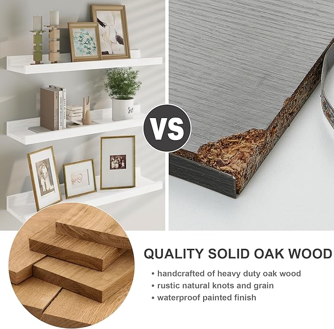 Floating Picture Ledge Shelves 24 Inch Solid Oak Wood Set of 2, Rustic Wall Storage Shelves with Lip, Kids Bookshelf, Photo & Picture Ledge Shelves for Bedroom, Living Room, Kitchen-Ruum Studio Home