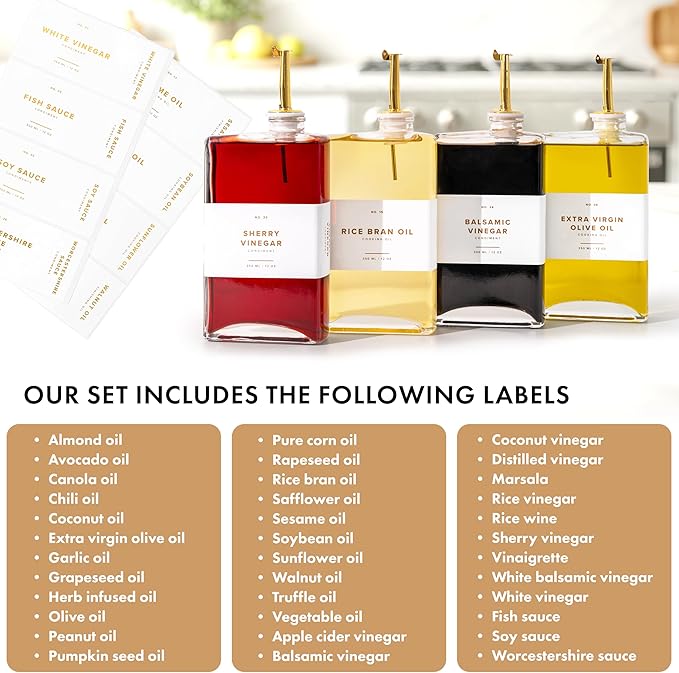 Glass Olive Oil Dispenser Bottle Set [2x17oz]: 36 Premium Gold Labels, Oil Dispenser for kitchen, Vinegar Bottle Set, Glass Dispensers for Soy Sauce, Syrup Bottles | Set of 2-Ruum Studio Home