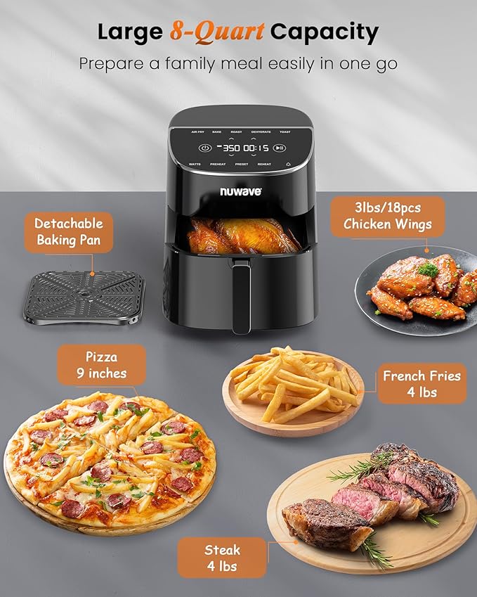 Nuwave Brio Plus Air Fryer 8 Qt, New & Improved, PFAS-FREE, 7 Digital One-Touch Cook Functions that AIR FRY, BAKE, ROAST, DEHYDRATE, TOAST, REHEAT, PREHEAT, 150 Presets, 50°F~400°F, 700/1500/1800W-Ruum Studio Home