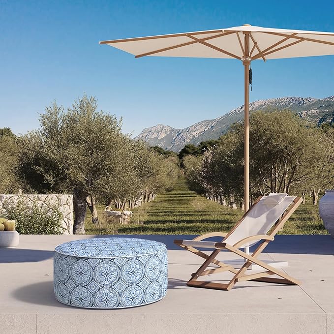 Inflatable Ottoman Stool D31 xH14 for Outdoor/Indoor Use, Water Repellent Patio Foot Rest Stool with Portable Handle,Round Pouf Ottoman Suitable for Garden,Deck and Camping - Medallion Blue-Ruum Studio Home