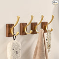 4 Pack Wooden Wall Hooks for Hanging, Adhesive Mounted & Wall Mount Nature Wood Coat Hook for Towel Clothes Blanket Hat Backpack Robe Nursery Door Board Entryway Key Holder Brushed Gold-Ruum Studio Home
