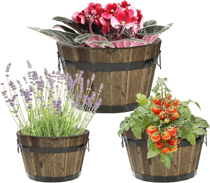 IDZO Set of 3 Wooden Flower Planters for Outdoor Plants, Acacia Wood Barrel Planters, Ergonomic Handles, Drainage Holes, Various Sizes, Walnut-Ruum Studio Home