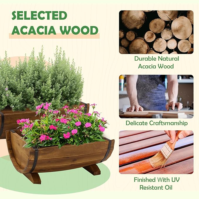 IDZO Solid Acacia Wood Half Barrel Planters Outdoor Set of 2 Different Sizes, Wooden Planters for Outdoor Plants with Metal Bands & Drainage Holes, Legs Included, Brown-Ruum Studio Home