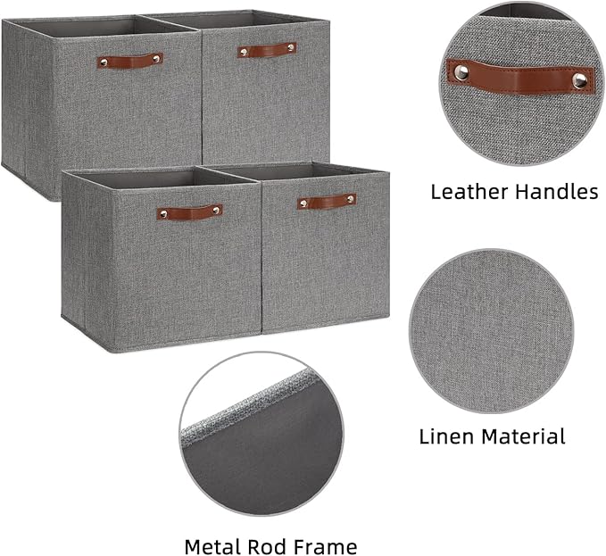HNZIGE Fabric Storage Cubes Bins Baskets for Shelves Set of 4 Baskets, 13 Inch Storage Bins with Handles, Foldable Storage Cube Organizer Bins Organizing Home Nursery (Gray)-Ruum Studio Home