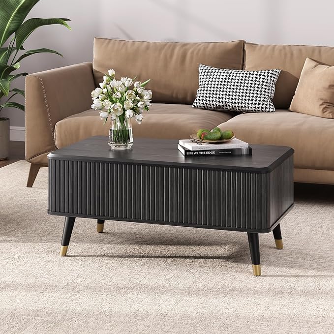 Lift Top Coffee Table with Storage Shelf & Hidden Compartment, Mid Century Modern Fluted Rectangle Dining Table for Living Room, Home Office,Black-Ruum Studio Home