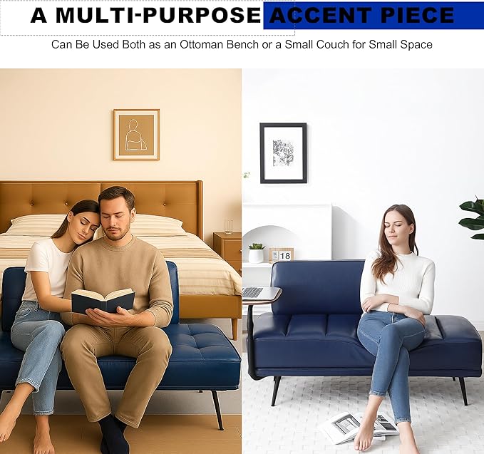 Sofa,Bed Bench,Small Spaces Furniture,Polyurethane Leather,Wood Frame,High Density Sponge Infillings,360-Degree Swivel Tray,Black Metal Leg (Blue)-Ruum Studio Home