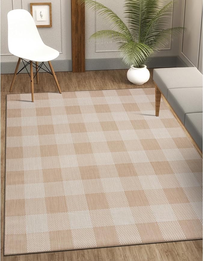 CAMILSON Outdoor Rug - Modern Area Rugs for Indoor and Outdoor Patios, Kitchen and Hallway mats - Easy Cleaning Non Shedding Washable Outside Carpet (8x10, Buffalo - Beige/White)-Ruum Studio Home