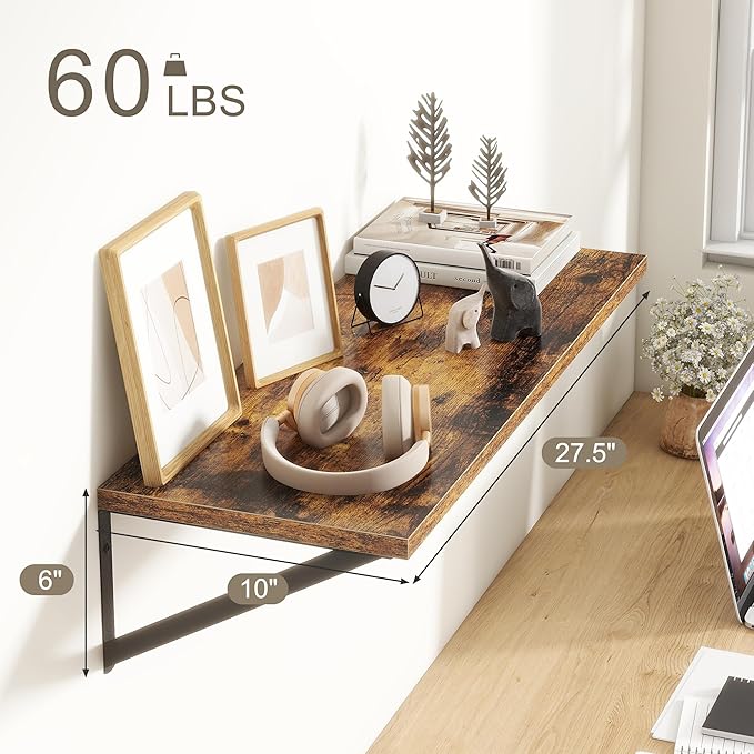 Fun Memories 27.5" W x10 D Floating Shelves, Large Wall Shelves 27.5 Inch Long, Set of 2, Farmhouse Wood Floating Shelf Wall Mounted, Deep Shelves for Bathroom, Living Room, Kitchen, Rustic Brown-Ruum Studio Home