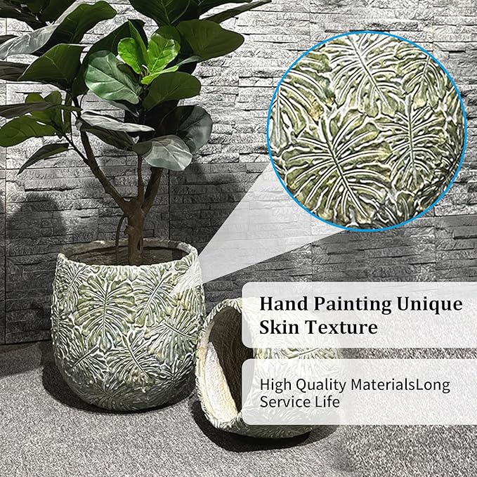 Craft flowerpots 18"+13"+19" Dia Round Concrete Planter Set of 3 Large Outdoor/Indoor Planter Pots Containers with Drainage Holes and Rubber Plug for Home Garden (Green, Large)-Ruum Studio Home