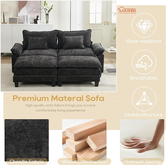 URRED Modular Sectional Sofa Comfy Cloud Couch, Modern Chenille Sofa Sleeper Deep Seat Couches with Ottoman/Pillows for Living Room (Black, 82.6''- 2 Ottomans)-Ruum Studio Home
