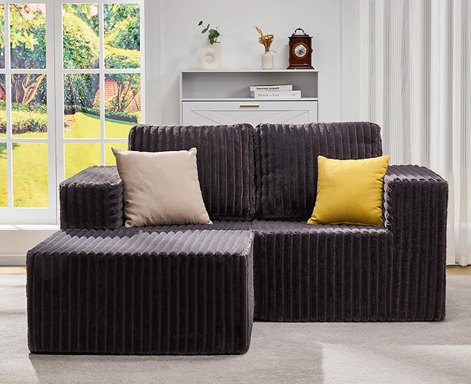Hobestluk Modular Sectional Sofa Memory Foam Couch L Shape Sofa for Living Room Loveseat with Chaise Lounge Cloud Couch with Removable Cover (Stripe Grey, Loveseat with Chaise)-Ruum Studio Home