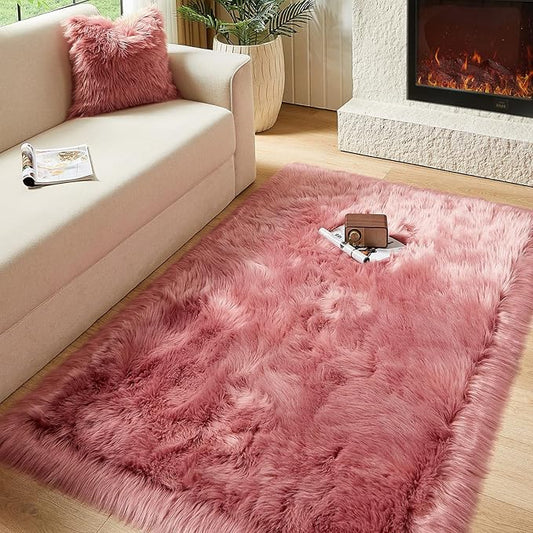 AMTOVO Faux Fur Sheepskin Rug for Living Room, 4 x 6 ft Blush Pink Fluffy Area Rug for Bedroom, Playroom, Luxury Room Decor, Rectangle-Ruum Studio Home