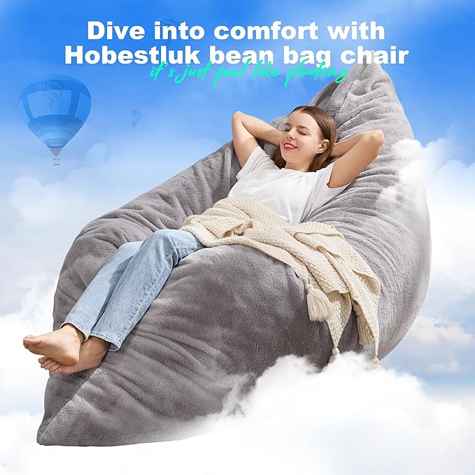Hobestluk 3 in 1 Bean Bag Chair Giant Bean Bag Chairs for Adults with Chevron Plush Fur Cover Convertible Bean Bag Floor Cushion with Machine Washable Cover for Living Room (Plush Grey)-Ruum Studio Home