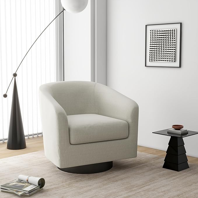 Swivel Barrel Accent Chair, Modern Round Linen Arm Chair for Living Room, Bedroom, Comfy Club Reading Chairs for Adults（Linen Fabric, Beige, Set of 1-Ruum Studio Home
