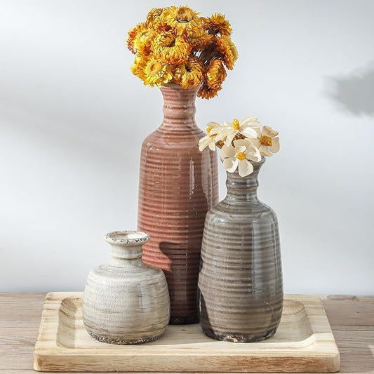 Ceramic Vases Set of 3, Neutral Rustic Farmhouse Vases Home Decor Decorative Flower Vase Modern Boho Pampass Vase for Table Mantel Entryway Shelf Living Room Kitchen Bathroom - Brown-Ruum Studio Home