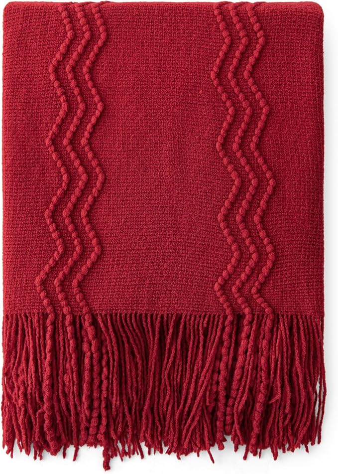 MIULEE Burgundy Red Knitted Throw Blanket for Couch Boho Textured Cozy Woven Blanket with Tassels for Sofa Chair Bed Living Room Acrylic Wave Pattern 50"x60"-Ruum Studio Home