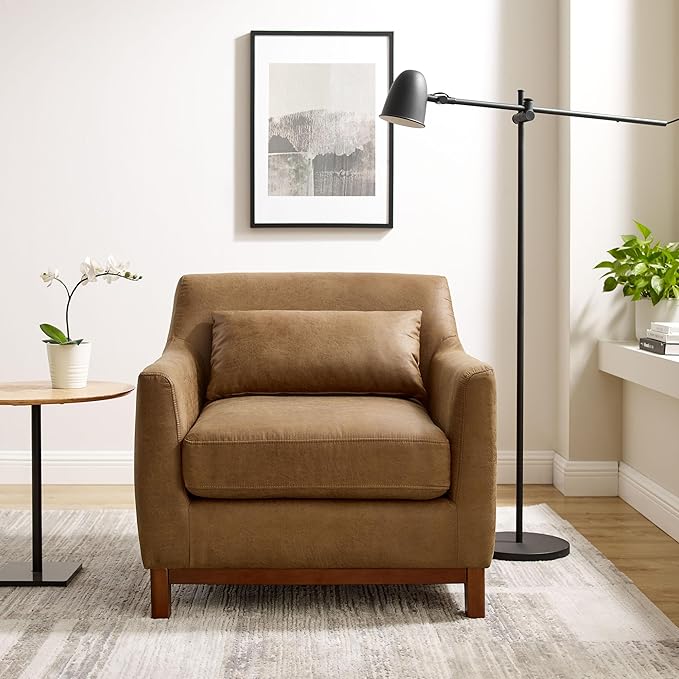Extra Deep Accent Chair, Comfy Fabric Armchair with Wood Base, Upholstered Single Sofa Chair for Living Room & Bedroom, Faux Leather Brown-Ruum Studio Home
