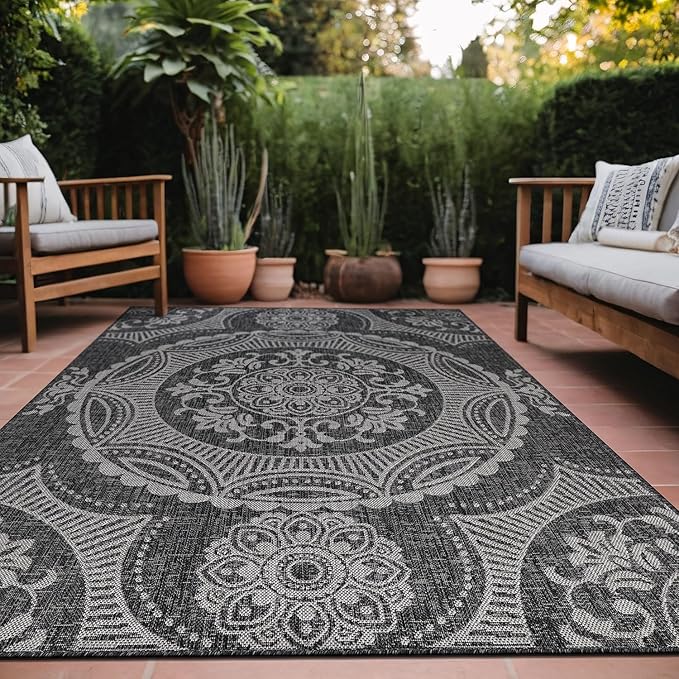 Medallion Outdoor Rug 10x14 Washable Outside Carpet for Indoor Patio Porch Waterproof Easy Cleaning Non Shedding Area Rugs Dark Gray 10 x 14-Ruum Studio Home
