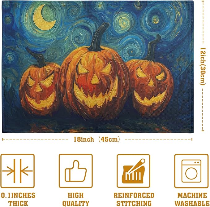 Halloween Placemats Set of 4 Pumpkin Vincent Van Gogh Starry Night Art Linen Table Mats 12x18 Inch Jack O Lantern Farmhouse Place Mats for Party Kitchen Dining Outdoor Indoor Decor-Ruum Studio Home