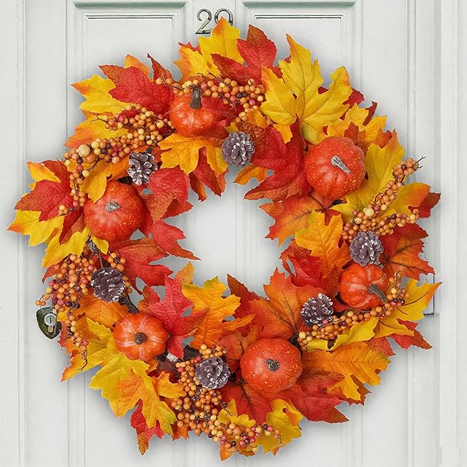 DiliComing Fall Wreath Front Door Wreath - 20 inch Fall Wreaths for Front Door, Autumn Wreaths with Pumpkin Maple Leavses for Indoor Outdoor Outside, Home Decor for Thanksgiving Harvest-Ruum Studio Home
