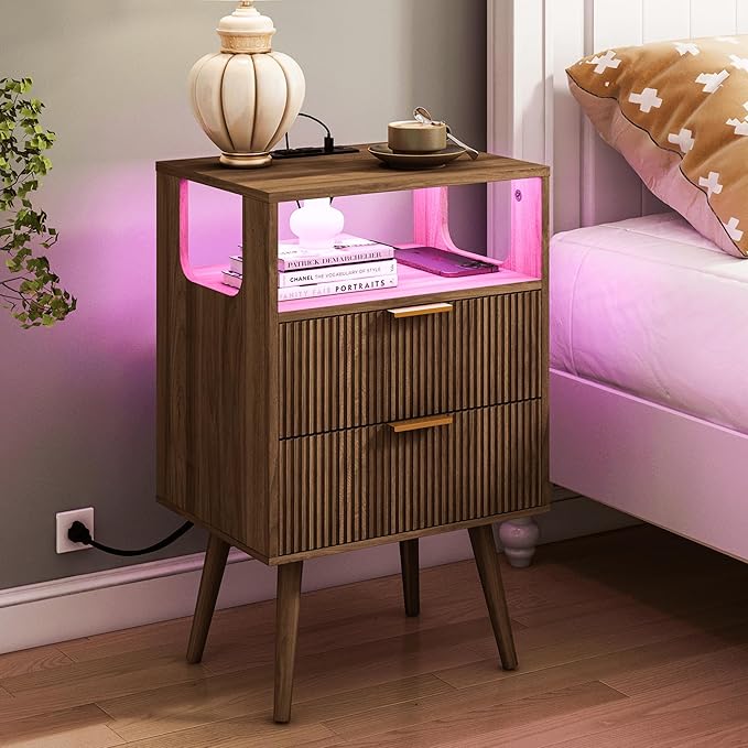 Nightstand with Charging Station and LED Lights,Modern Bedside Table with 2 Storage Drawer and Open Wood Shelf, for Bedroom and Small Spaces,Night Stand with Solid Wood Legs,Walnut Brown-Ruum Studio Home