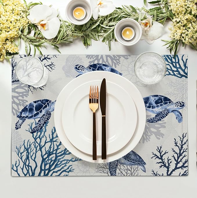 Coastal Beach Placemats Set of 4 Nautical Theme Coral Sea Turtle Navy Blue Place Mat 12x18 Inch Seasonal Summer Ocean Washable Linen Fabric Table Mats for Party Kitchen Dining Decoration-Ruum Studio Home