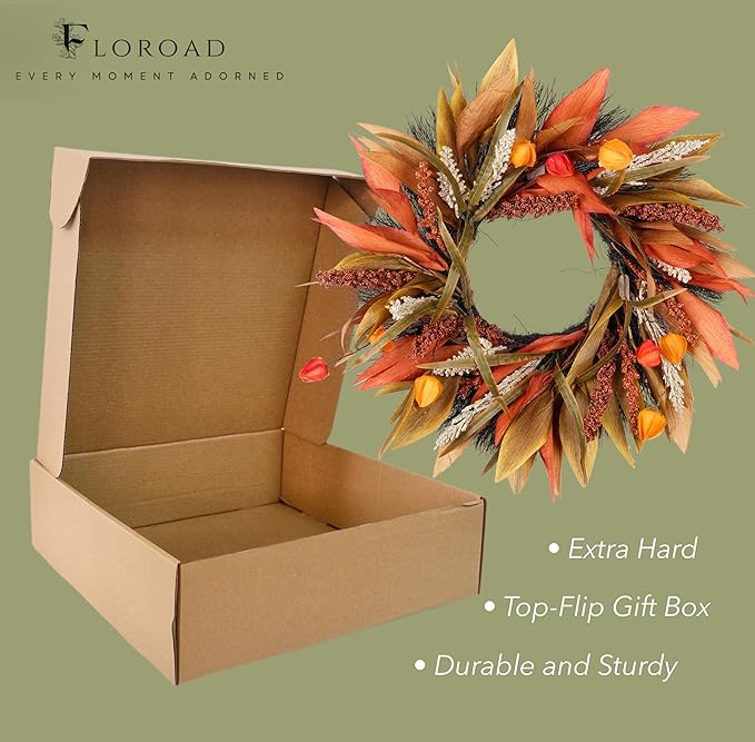 Fall Corn Husk & Berry Door Wreath for Front Door 24 Inch, Festive & Rustic Farmhouse Autumn Harvest Wreath, Fall Decor for Home Door Wall Porch Window, Orange/Yellow/Brown-Ruum Studio Home
