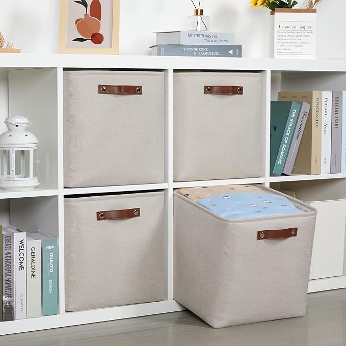 DULLEMELO Storage Bins, 4 Pack Of 13x13x13 Decorative Storage Cube Bins Suit Office, Home, Shelves And Closet, Cube Storage Bin with Leather handle(4 Pack - 13" Beige)-Ruum Studio Home