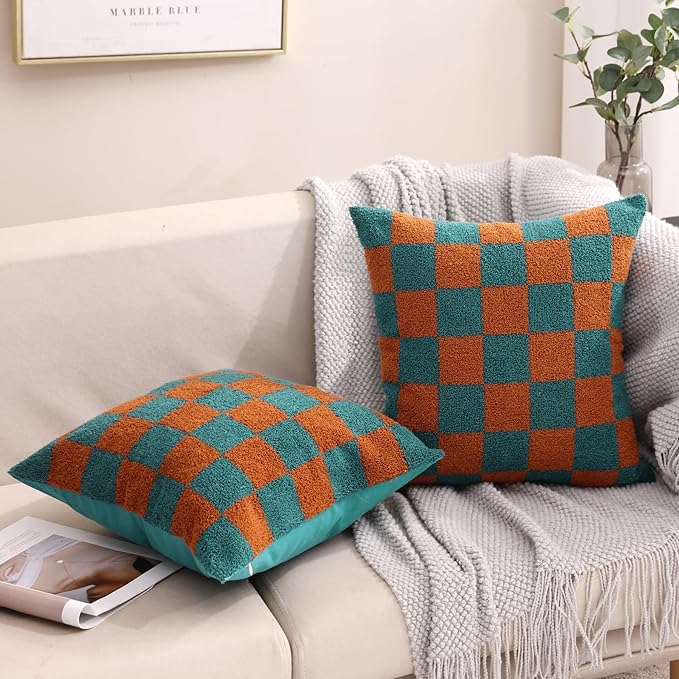 Alysheer Checkered Embroidered Decorative Throw Pillow Covers 18"x 18" Set of 2, Farmhouse Cottage Teal Brown Plaid Tufted Patterned Cotton Canvas Cushion Case for Sofa Couch Bed Living Room-Ruum Studio Home