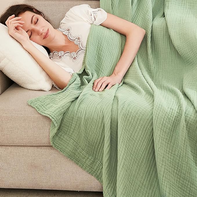 EMME Cotton Twin Blanket for Couch Soft Airy Muslin Bed Blankets Lightweight Breathable Blanket All Season Gauze Blanket, Sage Green-Ruum Studio Home