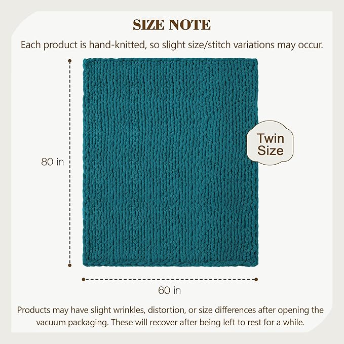 Carriediosa Chunky Knit Throw Blanket 60" X 80" Twin, 100% Hand Made Large Chenille Loop Yarn Soft Fluffy Throws for Couch Sofa Bed, Big Crochet Cozy Heavy Thick Cable Woven Blankets, Teal-Ruum Studio Home