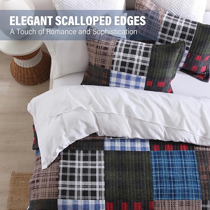 NEWLAKE Quilt Set Queen Size, Cotton Patchwork Blue Black Checkered Patterns Quilt Sets, Reversible Bedspread Lightweight and Breathable for All Seasons, Soft Quilted Bedspread with 2 Pillow Shams-Ruum Studio Home