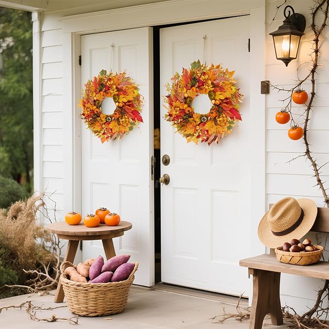 Fall Wreath for Front Door,24" Autumn Front Door Wreath Fall Decorations with Pumpkins Hydrangea Maple Leaves for Porch Window Farmhouse Halloween Thanksgiving Harvest Festival Home Decor-Ruum Studio Home
