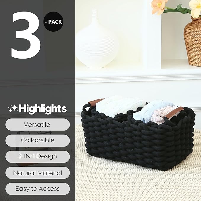 Sea Team 3-Pack Rectangle Woven Cotton Rope Storage Baskets with Handles, Shelf Basket, Closet Organizers, 3-in-1, Black-Ruum Studio Home