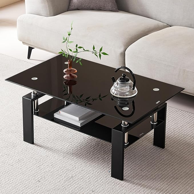 Black Glass Coffee Table for Living Room, Mordern Rectangle Tempered Glass Sofa Center Tables with Black Metal Leg for Home Office-Ruum Studio Home