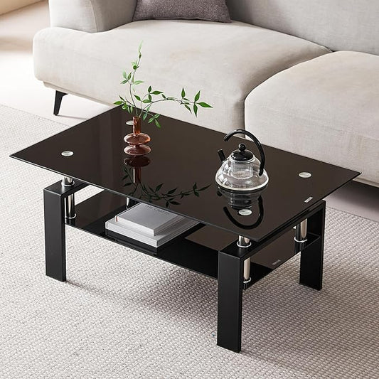 Black Glass Coffee Table for Living Room, Mordern Rectangle Tempered Glass Sofa Center Tables with Black Metal Leg for Home Office-Ruum Studio Home