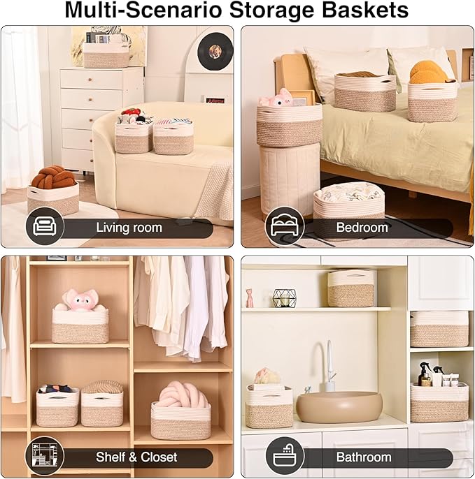 Storage Baskets for Shelves, Woven Storage Basket, Bins for Cube Storage, Cotton Rope Basket with Handles for Toy, Book, and Clothes Living Room, (4 Packs) Off White & Brown-Ruum Studio Home