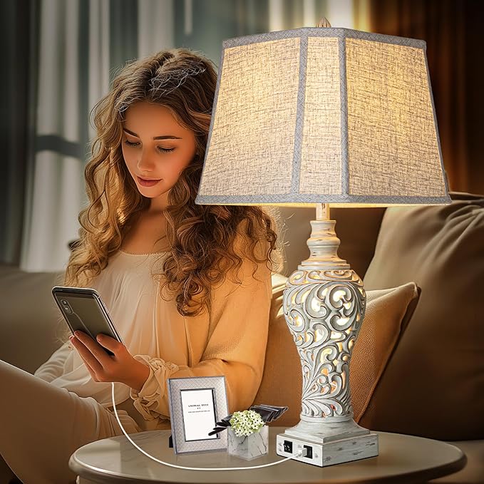 32" Tall Table Lamps Set of 2 - Bedside Lamp with Fabric Shades - for Bedroom and Living Room with USB and Nightlight - Perfect for Nightstands and Bedrooms - Bulbs Included-Ruum Studio Home
