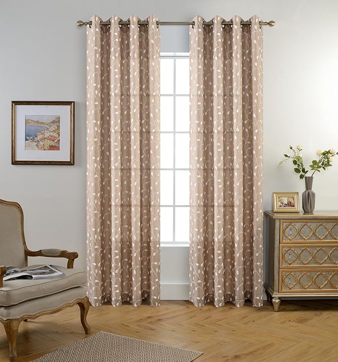 MIUCO Floral Embroidered Semi Sheer Curtains Faux Linen Grommet Curtains for Living Room 52 x 84 Inch 2 Panels Set, Taupe-Ruum Studio Home