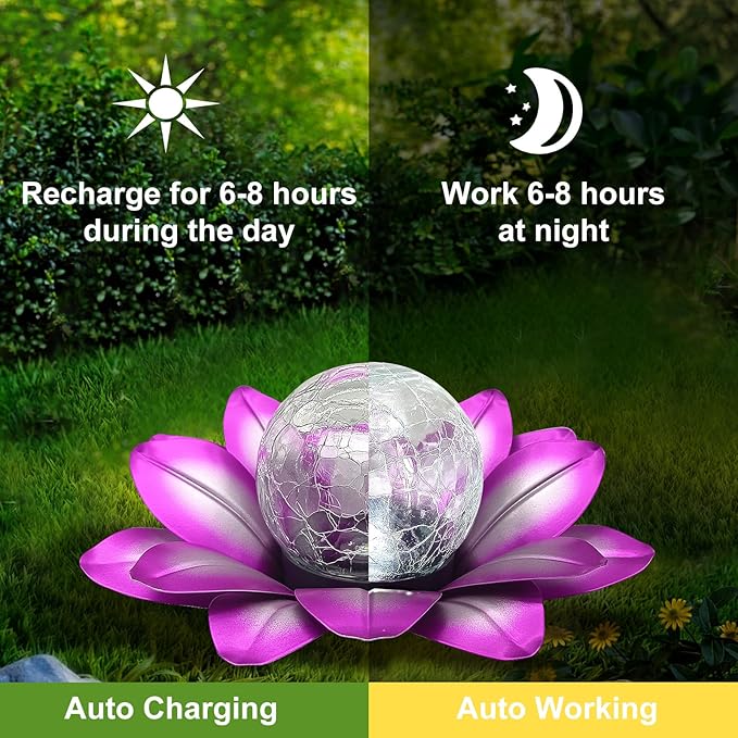LEWIS&WAYNE Solar Garden Lights Outdoor, 3 Pcs Purple Lotus Flower Pathway Lamps with Cool White Crackle Glass Globe Led Lights for Patio Pathway Yard Balcony Garden Decorations-Ruum Studio Home